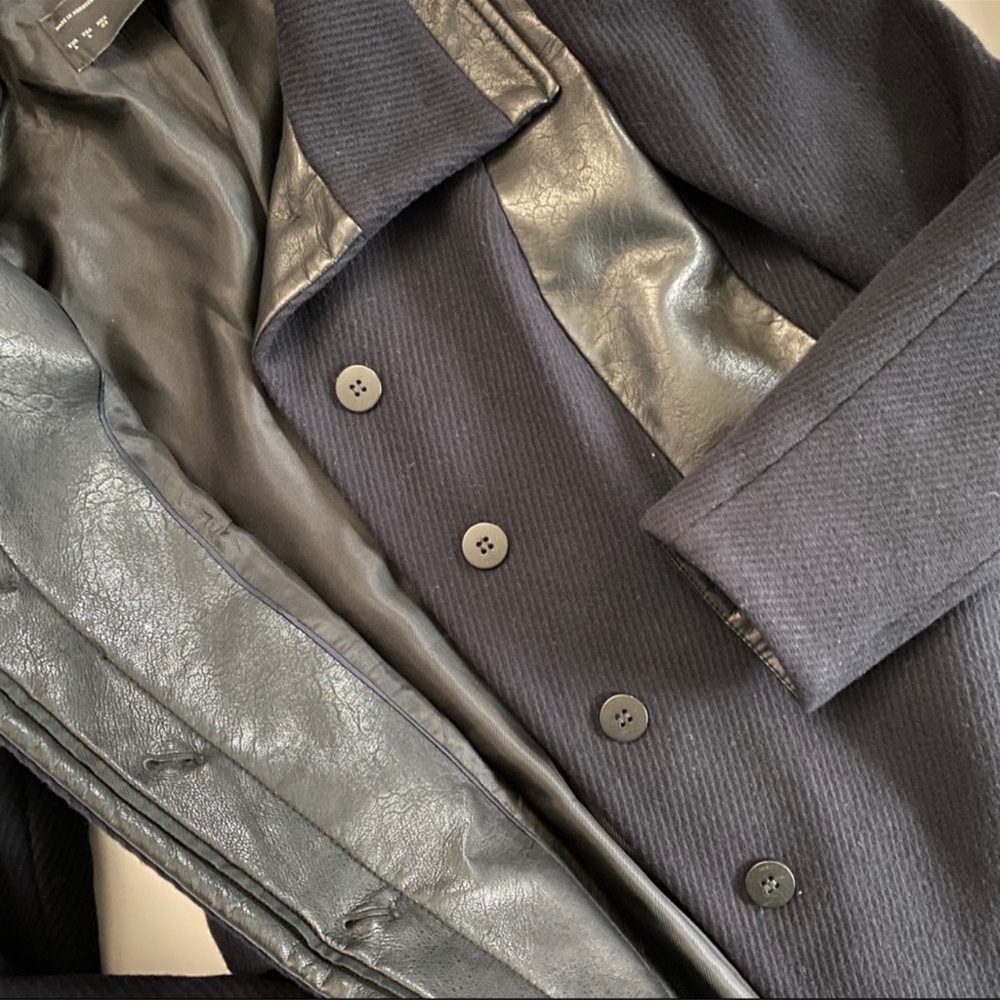 ZARA Navy Wool Black Faux Leather Trim Coat XS - Picture 3 of 12